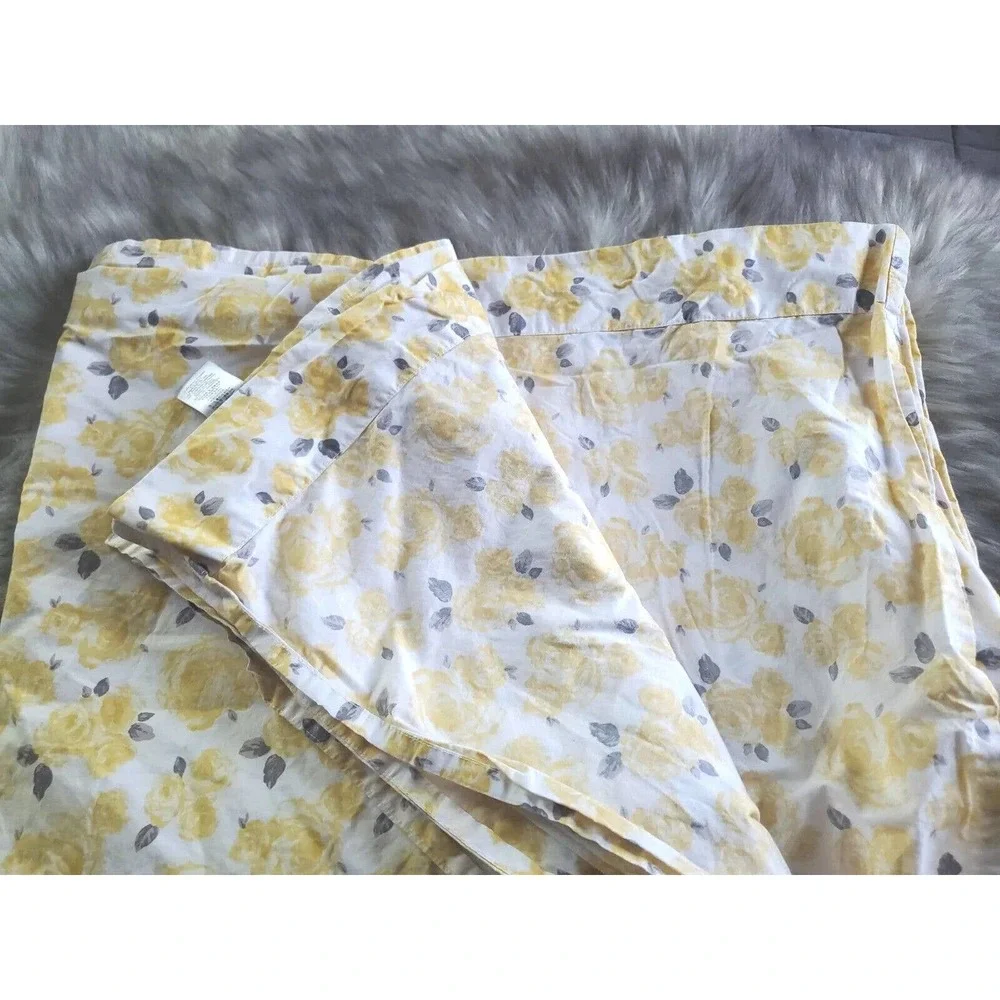 Emily & Merritt Queen Size Floral Yellow Gray Cotton Flat Sheet 97